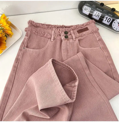 Korean Style Pink Jeans Women Spring Autumn High Waist Raw Edge Straight Denim Pants Simple Gentle All-matched Wide Leg Pants