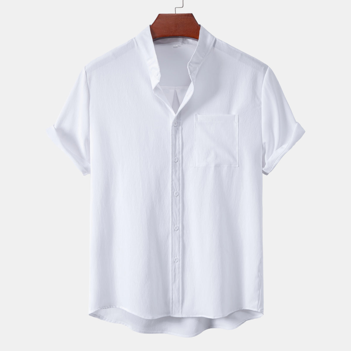 2026New men's short sleeved solid color standing collar cardigan casual shirt for foreign trade