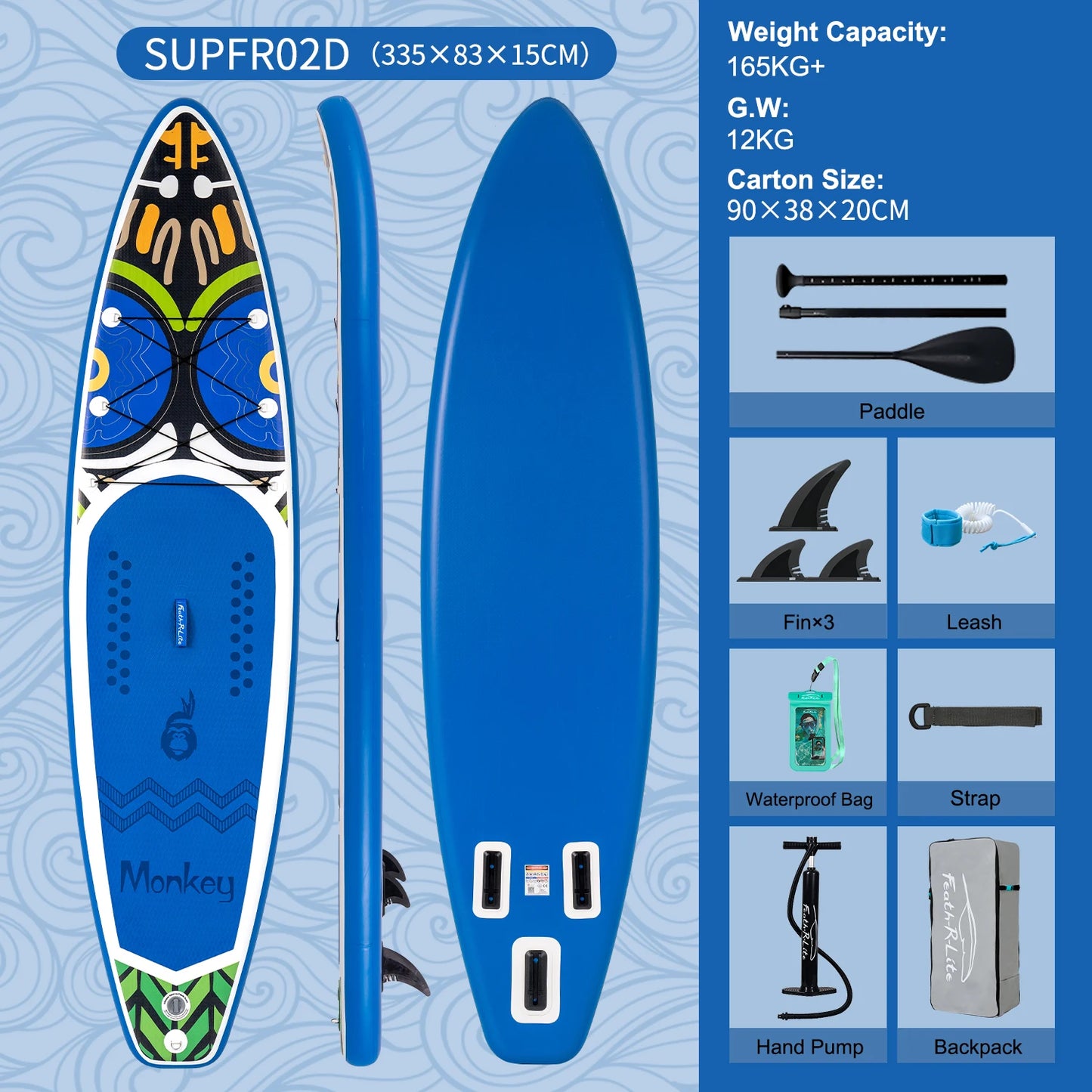 Feath-R-Lite Inflatable Stand Up Paddle Board 335cm 11 'SUP Board Monkey Design Light Weight Touring Yoga Kit