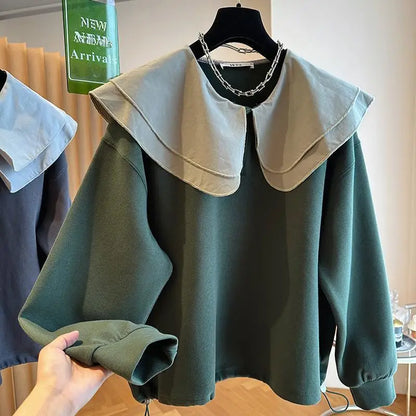 Women Trend Double-Layer Peter Pan Collar Cute Sweet Sweatshirt Casual Streetwear Y2K Oversized Hoodie Long Sleeve Pullover Tops