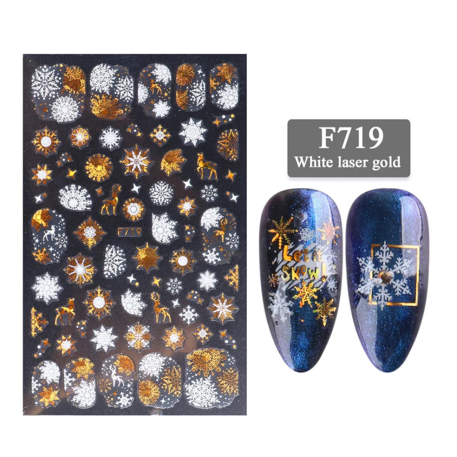 1PCS New Christmas Decorations 2023 New Year Nail Stickers Press on Nails Laser Snowflake Christmas Tree 3D Nail Decal