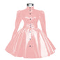 Plus Size Sweet Girl Mini Dress PVC Leather High Neck Button Pleated  A-line Dress Preppy Style Back Zipper Long Sleeve Dress