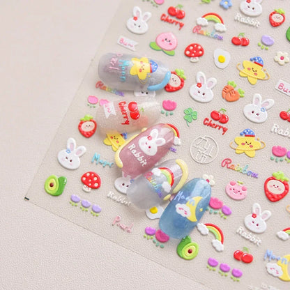 Lovely Red Fruit Strawberry Cherry Bowknot Love Heart Star Silk Ribbon 5D Nail Art Stickers Chic Self Adhesive Manicure Decal