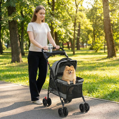 Foldable Pet Stroller for Small Dogs up to 10kg, Lightweight Dog Buggy with Mesh Windows, 360° Swivel Wheels, Brake, Removable Cushion, Cup Holder & Storage, Ideal for Travel, Gray