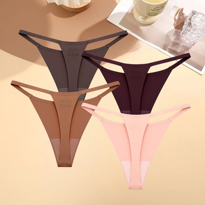 4PCS/Set Silk Seamless Thongs for Women Sexy Low Rise Panties Female Ultra Thin Breathable Underwear G-String T-Back Underpants