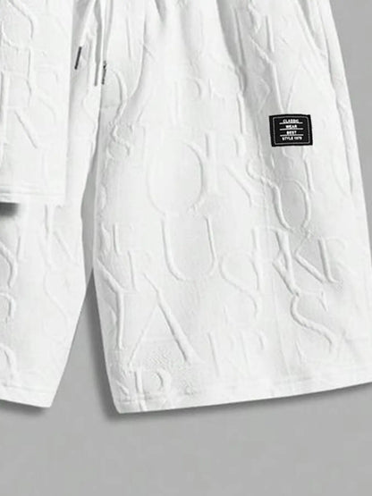 Men's Textured Letter Patched Round Neck Tee & Drawstring Shorts Two-Piece Set Regular Fit Casual Short Sleeve T shirt & Shorts