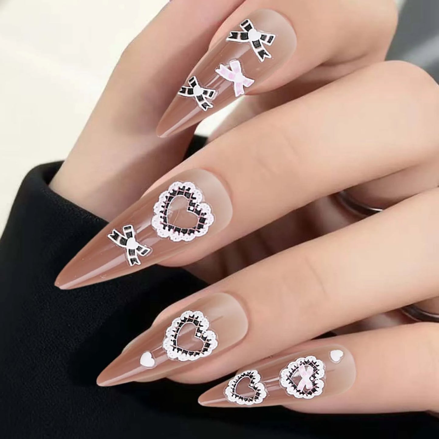 Japanese Bowknot Lace Heart Nail Stickers Self Adhesive Sweet Cool Pink Black Lace Nail Decals Cool Girls Manicure Decorations