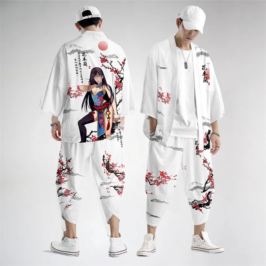 Large Size 5XL 6XL Japanese Kimono Cardigan Pants Set Print Fox Men Women Shirt Tradition Yukata Haori Obi Cosplay Costume