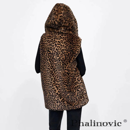 Leopard Hooded Faux Fur Vest Women 2022 New Designed Body Warmer Ladies Luxury Winter Furry Artificial Rabbit Coats Outwear 5XL