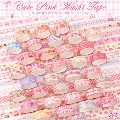 36 Rolls Pink Washi Tape Set Cute Butterfly Gingham Cherry Dessert Pattern Decorative Masking Tapes For Scrapbooking Journaling