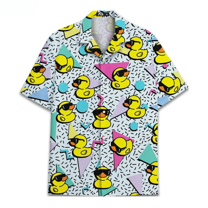 Funny Neon Rubber Duck Hawaiian Shirt for Men Galaxy Yellow Duck Mens Hawaiian Casual Button Down Shirts Short Sleeve Shirt Tops
