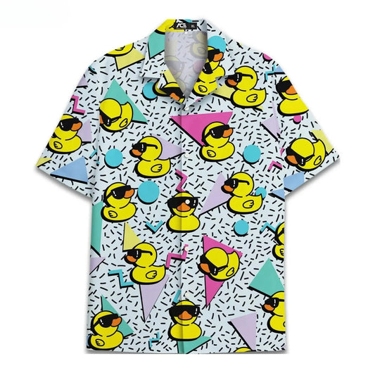Funny Neon Rubber Duck Hawaiian Shirt for Men Galaxy Yellow Duck Mens Hawaiian Casual Button Down Shirts Short Sleeve Shirt Tops