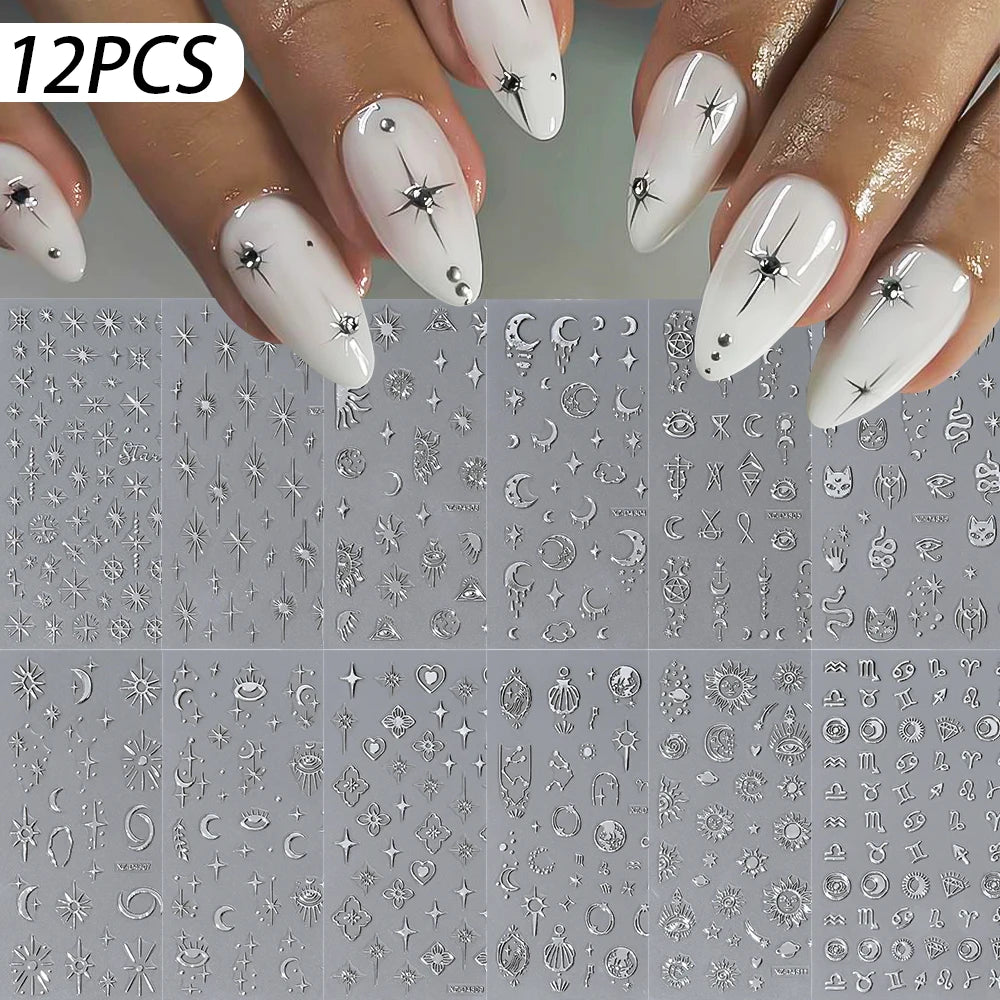 12Pcs 3D Gold Star Moon Sun Nail Stickers 10*8cm Y2K Starlight Self-adhesive Nail Decals Snake Cat Slider DIY Manicure Accessory