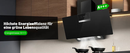 90cm Wall Mounted Cooker Hood 800m³/h A+++ LED Touch Control, Black Glass - Recirculation/Exhaust Option