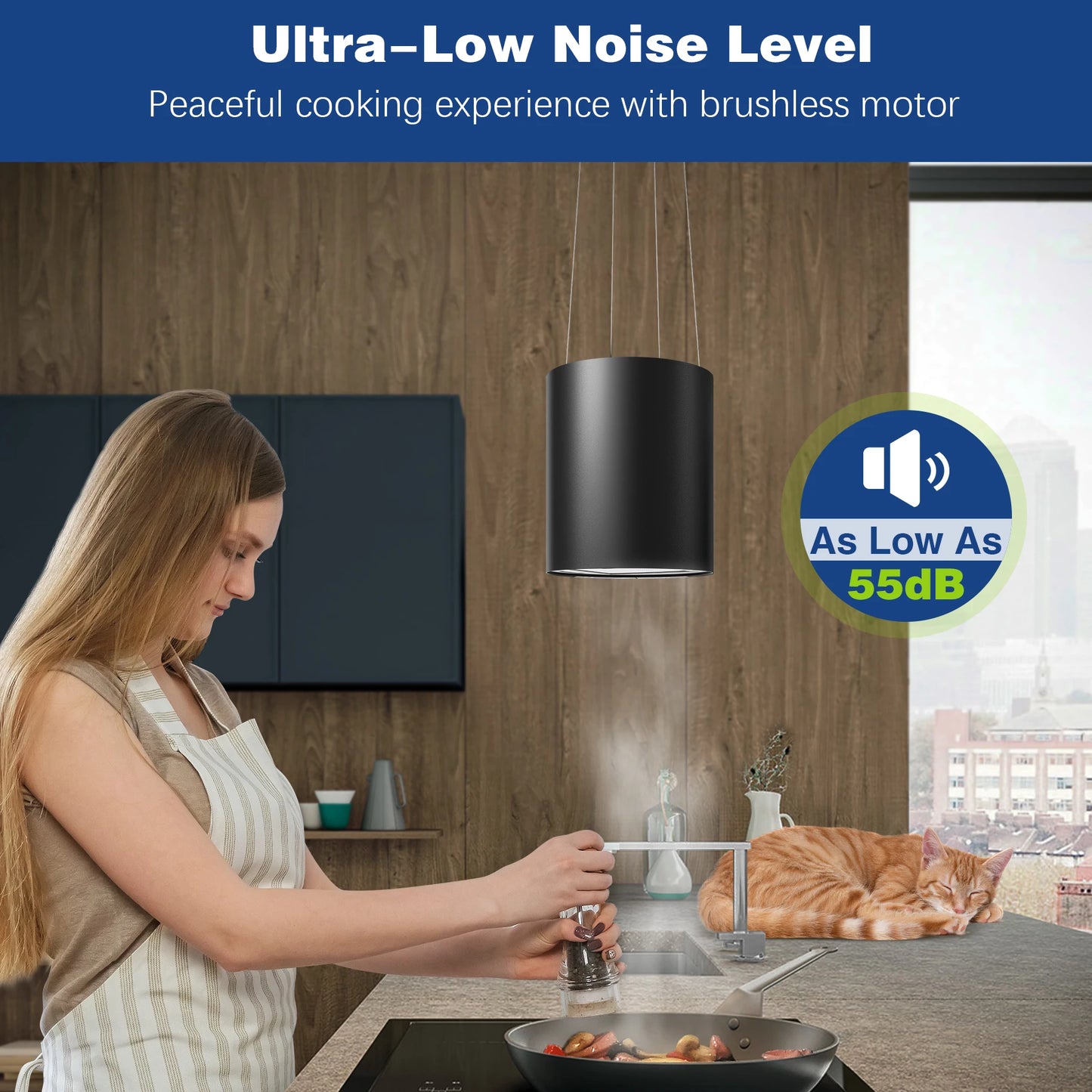 Island Hood 700/800m³/h, A+ Energy, 5-Layer Filter, LED, Ductless, Black, CE, Push Button