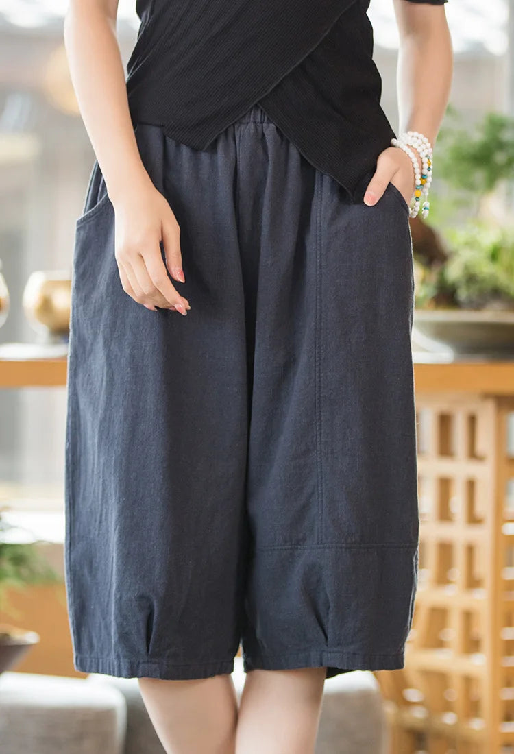 Johnature Women Solid Color Linen Casual Shorts 2025 Summer New Elastic Waist Striped Shorts