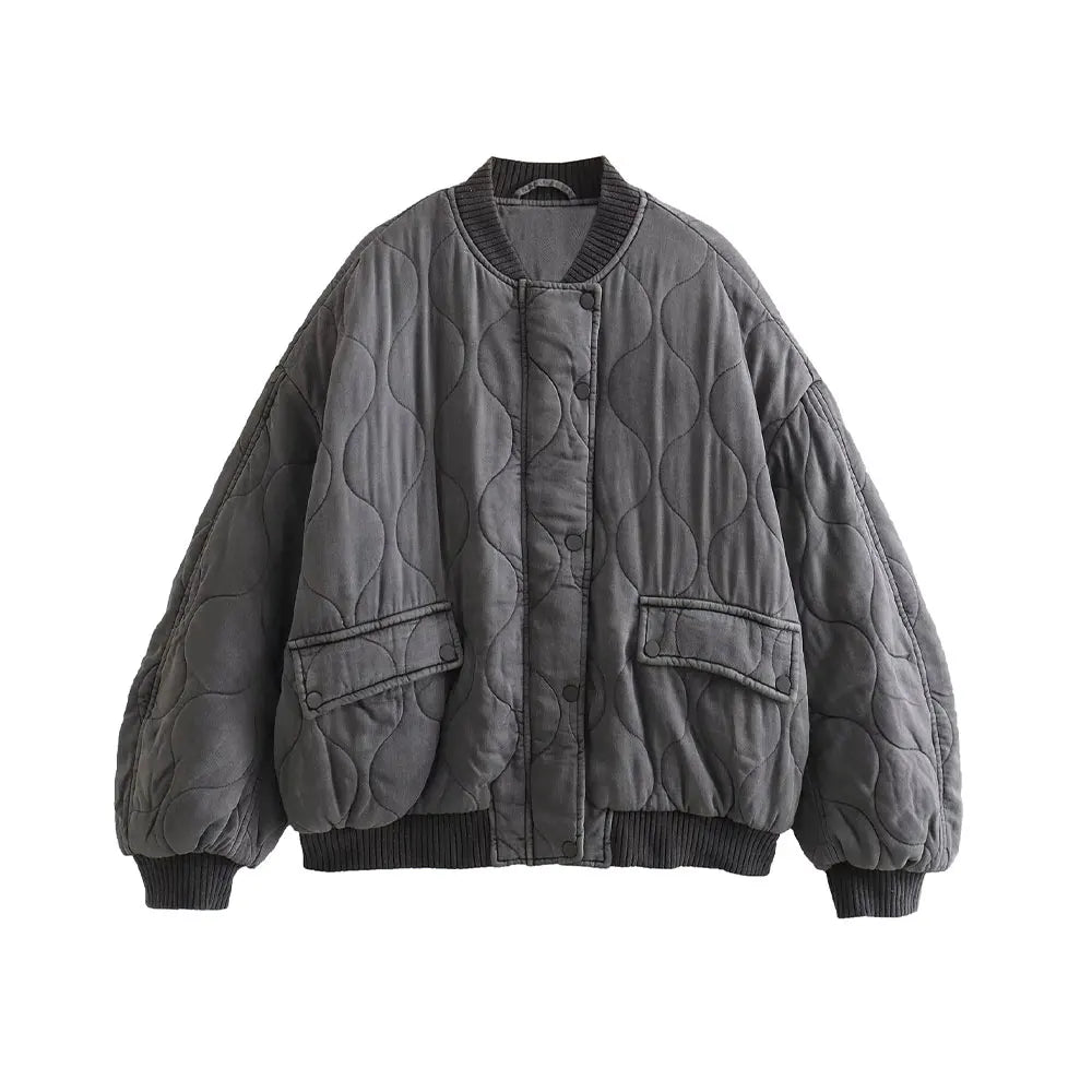 Women Fashion Oversized Thick Warm Quilted Bomber Jackets Coat Vintage Long Sleeves Snap-button Female Outerwear Chic Tops