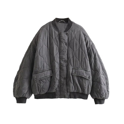 Women Fashion Oversized Thick Warm Quilted Bomber Jackets Coat Vintage Long Sleeves Snap-button Female Outerwear Chic Tops