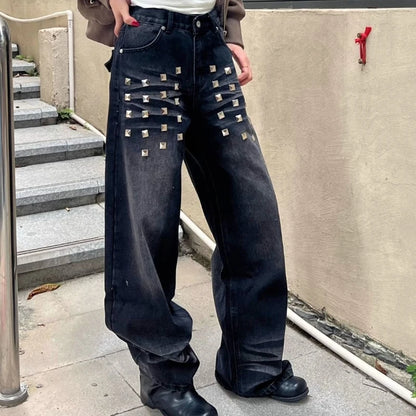 American Retro Washed Rivet Wide Leg Jeans Women Autumn and Winter New Loose Casual Slim Straight Pants