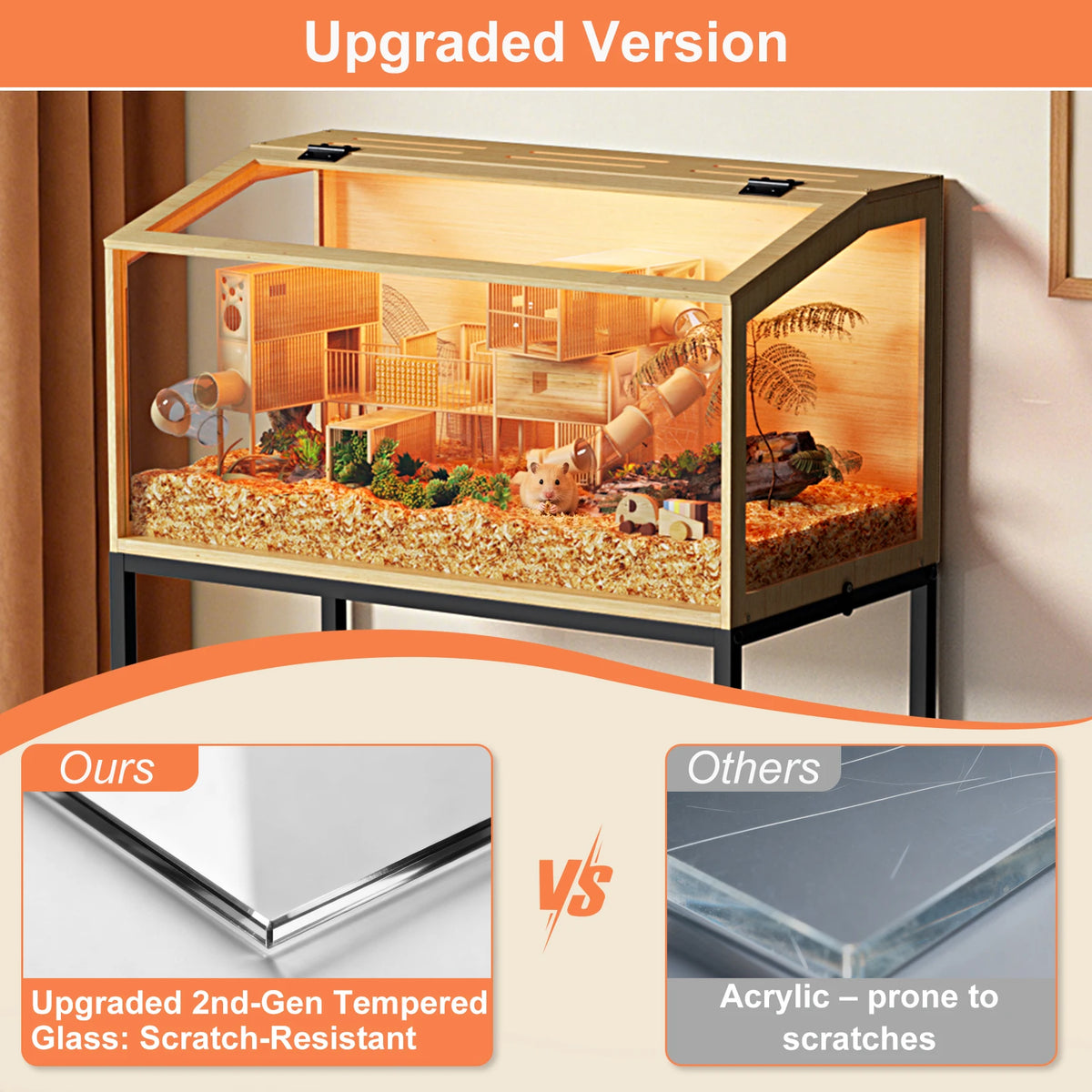 Large Wooden Hamster Cage Clear Tempered Glass Pet Small Animal Habitat Cage Playful Hutch House