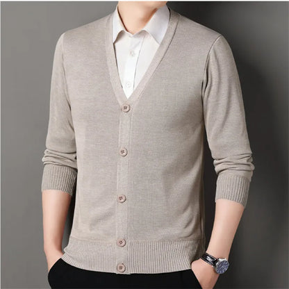 Autumn Winter Men's Casual Knit Cardigan Solid Color Slim Fit Fashion V-Neck Knitted Sweatercoat Men Fleece Warm Sweater Jackets
