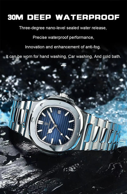 POEDAGAR Luxury Brand Men's Quartz Wristwatch Stainless Steel Waterproof Luminous Date Man Clock Square Business Watches For Men