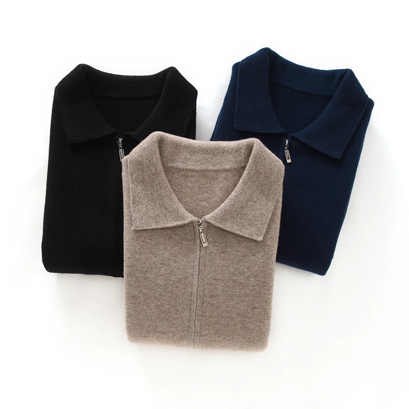 Men's 100% Merino Wool Thickened Sweater Polo Collar Business Zippered Cardigan Autumn Winter New Cashmere Jacket Knitted Top