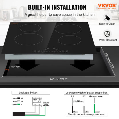 SucceBuy 2/4/5 Burners Built-in Induction Stove Top 12/24/30in Ceramic Glass Electric Cooktop For Household Commercial  Cooking