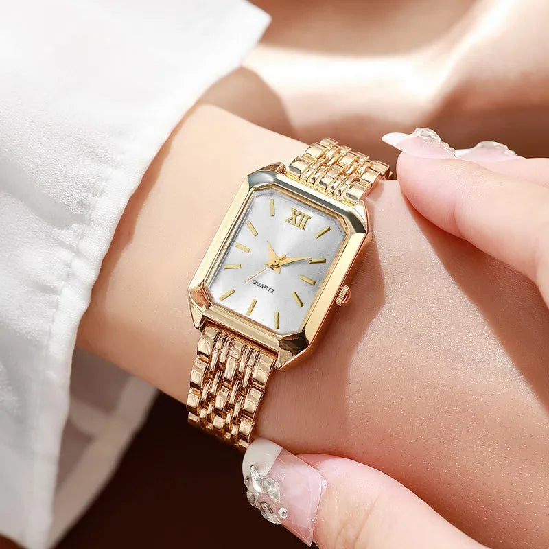 5PCS Womens Elegant Rectangle Rhinestone Quartz Watch Jewelry Set Fashion Women Watches Reloj Mujer Girl Clock Gift（Without Box）