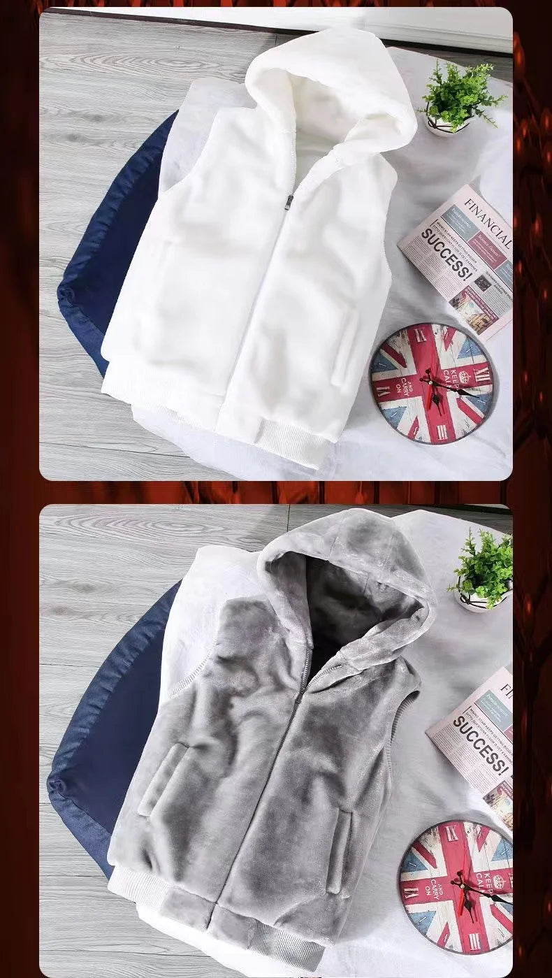 2026 Autumn Winter Men's Thicked Golden Velvet Warm Vest Fashion Solid Sleeveless Zipper Hooded Jacket Fake Fur Couple Waistcoat