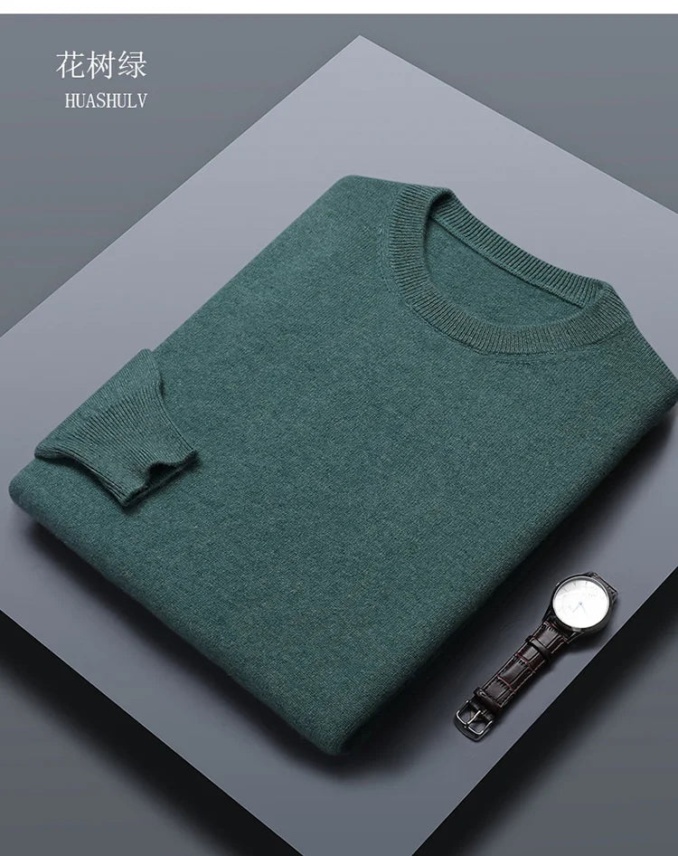 Classic Solid Color Men's O-neck Sweater Autumn Winter 100% Merino Wool Knitted Pullover Long Sleeve Warm Loose Casual Men Tops