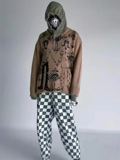 Autumn and winter new dark retro knitted jacquard sweater American street hip-hop trend V-neck loose top Y2k clothing