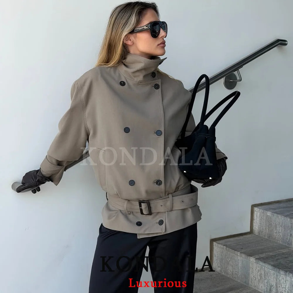 KONDALA High Street Casual Chic Women Jacket Double Breasted Stand Collar Pockets Sashes Jacket New Fashion 2026 Spring Jacket