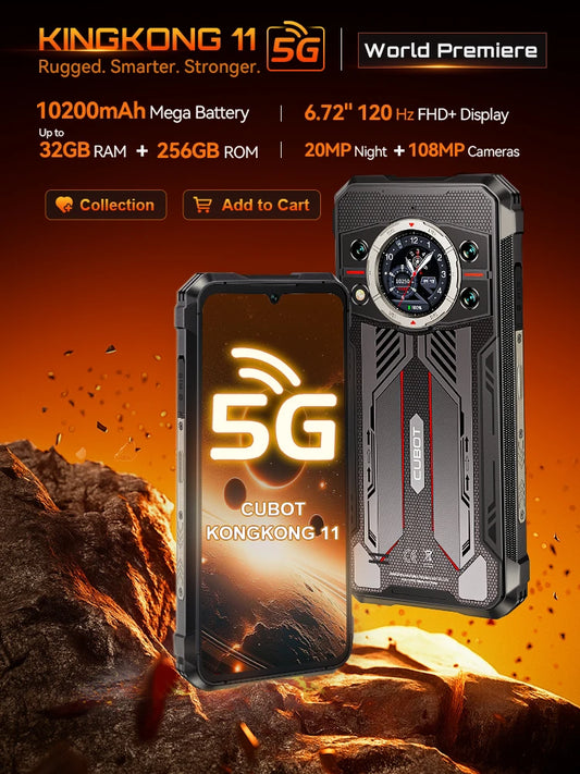 Cubot Rugged Smartphone 5G King Kong 11, Android 15, Up to 32GB RAM+256GB ROM, 108MP Camera, 10200mAh, Dual Screen, MTK7025, 6nm