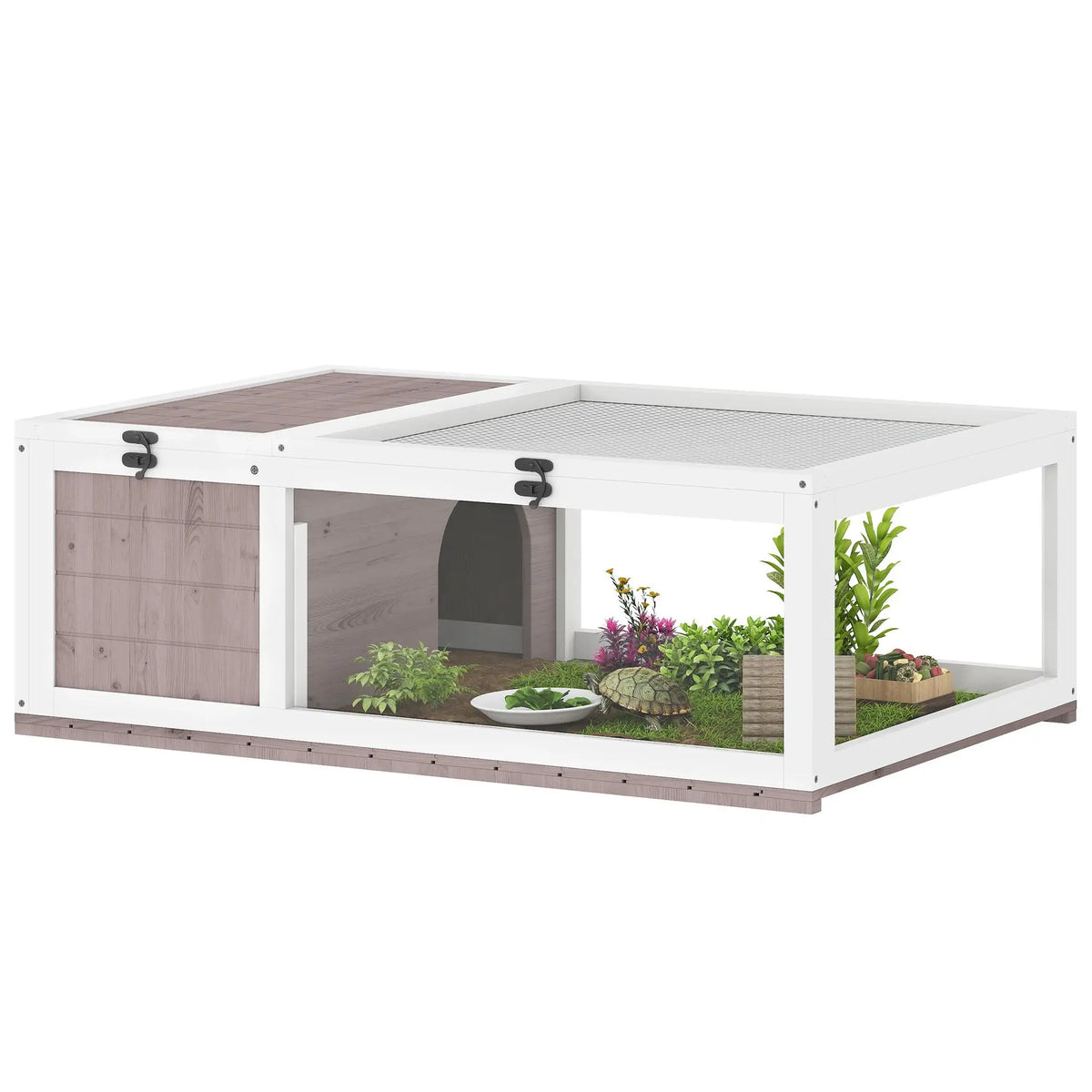 Turtle enclosure 91x60.5x32cm spruce with roof, 2 Zones & folding side walls for reptiles inside