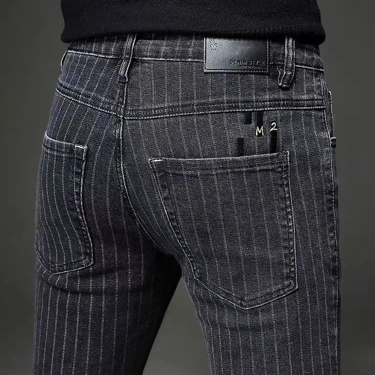 Men's Striped Slim Stylish Casual Pencil Pants Jeans Spring Autumn Korean Trendy Fashion Brand New Elastic Striped Long Trousers