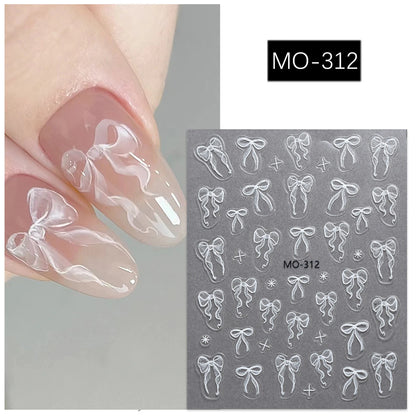 Bowknot Nail Stickers 3D Relief White Ribbon Cute Sweet Pink Self-Adhesive Nail Art Decoration Decals For Nail Tips Manicures