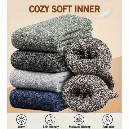 3/5 Pairs Men's Warm Socks, Thick Towel Mid-Calf Socks, Anti-Cold Snow Boots Socks Elastic Solid Color