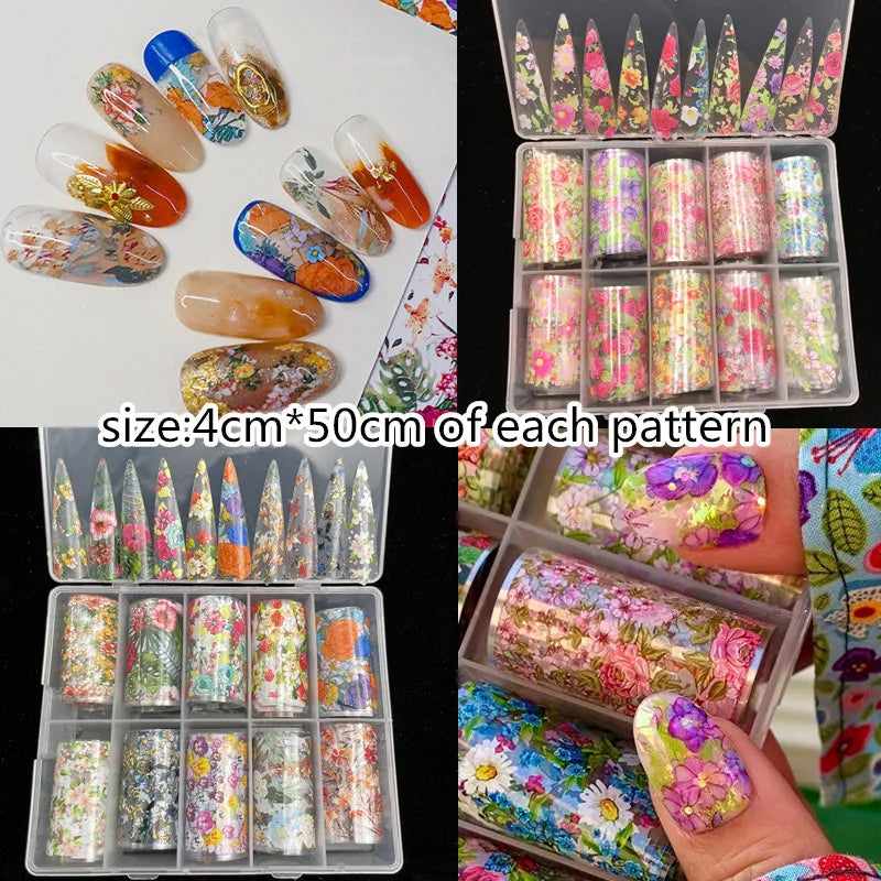 10 Patterns New Metal Nail Foils for Transfer Paper Stickers Floral Chameleon Nails Wraps DIY Water Marble Nail Art Decorations