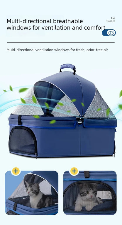 4 Wheel Foldable Pet Stroller Detachable Carrier for Small Dogs Cats, Lightweight Travel Pet Cart with Breathable Mesh