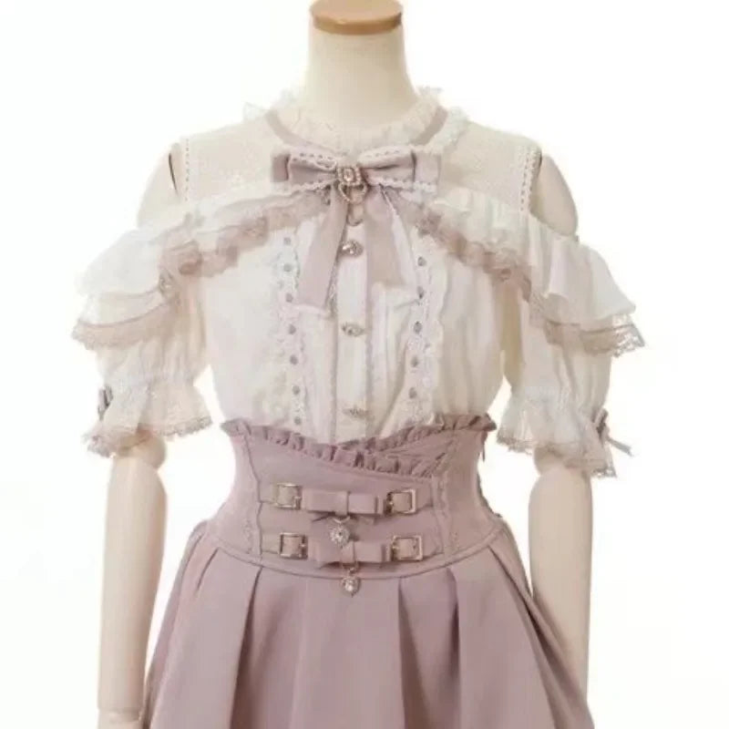 Women Japanese Sweet Lolita Blouses Summer Elegant Bow Off Shoulder JK Shirt Female Gothic Hot Girls Casual Lace Ruffles Tops