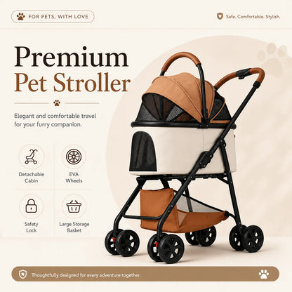 Foldable Pet Stroller Detachable Cabin Large Lower Basket Breathable Mesh Canopy For Cats Small Dogs Portable Travel Carrier