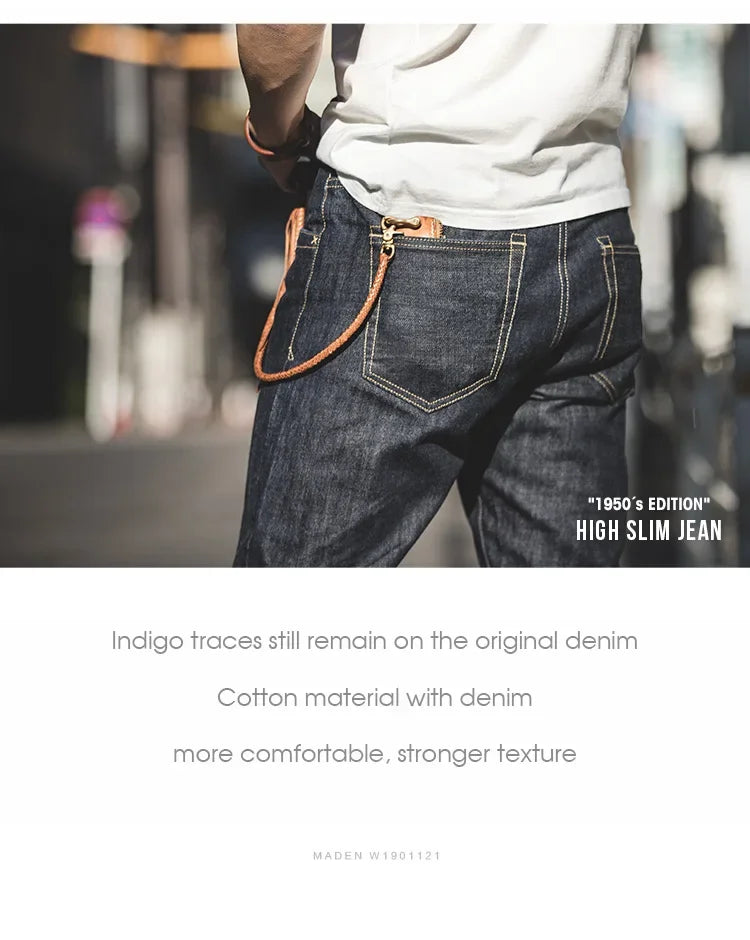 Maden Vintage Raw Denim Jeans for Men 14.8 OZ Jeans Denim Washed Straight Tapered Fit Pants Mid Waist Casual Trousers