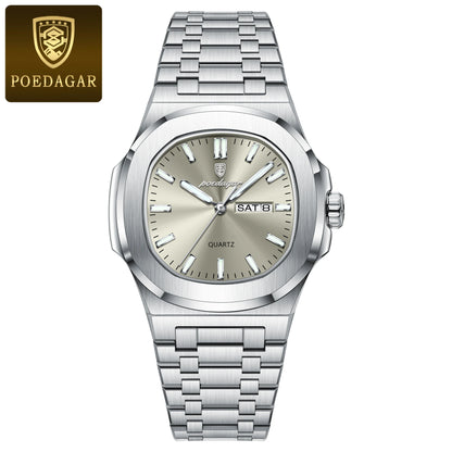 POEDAGAR Luxury Square Men's Watches Waterproof Luminous Date Week Men Watch Stainless Steel Fashion Quartz Man Wristwatch Reloj