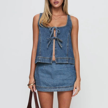 Women's Tie Front Denim Jean Vest Top and Mini Skirt 2-Piece Set Summer Trendy Going Out Outfits Clothes Summer Chic Streetwear