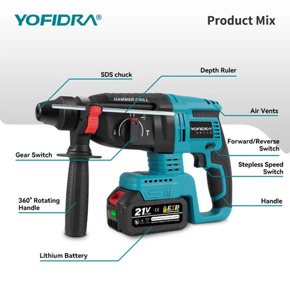 YOFIDRA Brushless Electric Hammer Impact Drill 26MM Cordless Woodworking Impact Drill Power Tools Set For Makita 18V Battery Pin
