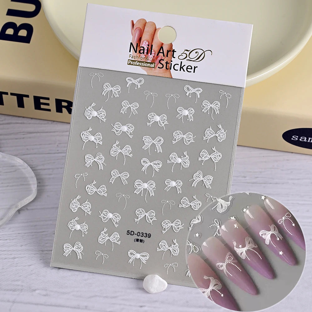 1pcs 5D White Lace Bowknot Nail Art Sticker Sweet Pearl  Bow Ribbon Self-Adhesive Nail Slider DIY Luxury Nail Decorations Decals