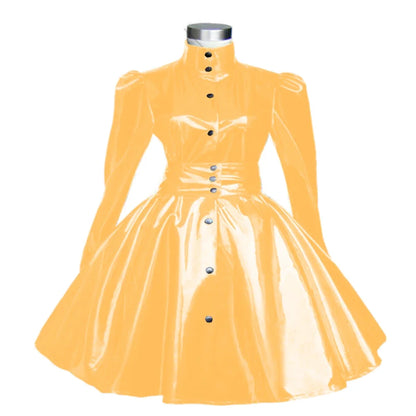Plus Size Sweet Girl Mini Dress PVC Leather High Neck Button Pleated  A-line Dress Preppy Style Back Zipper Long Sleeve Dress