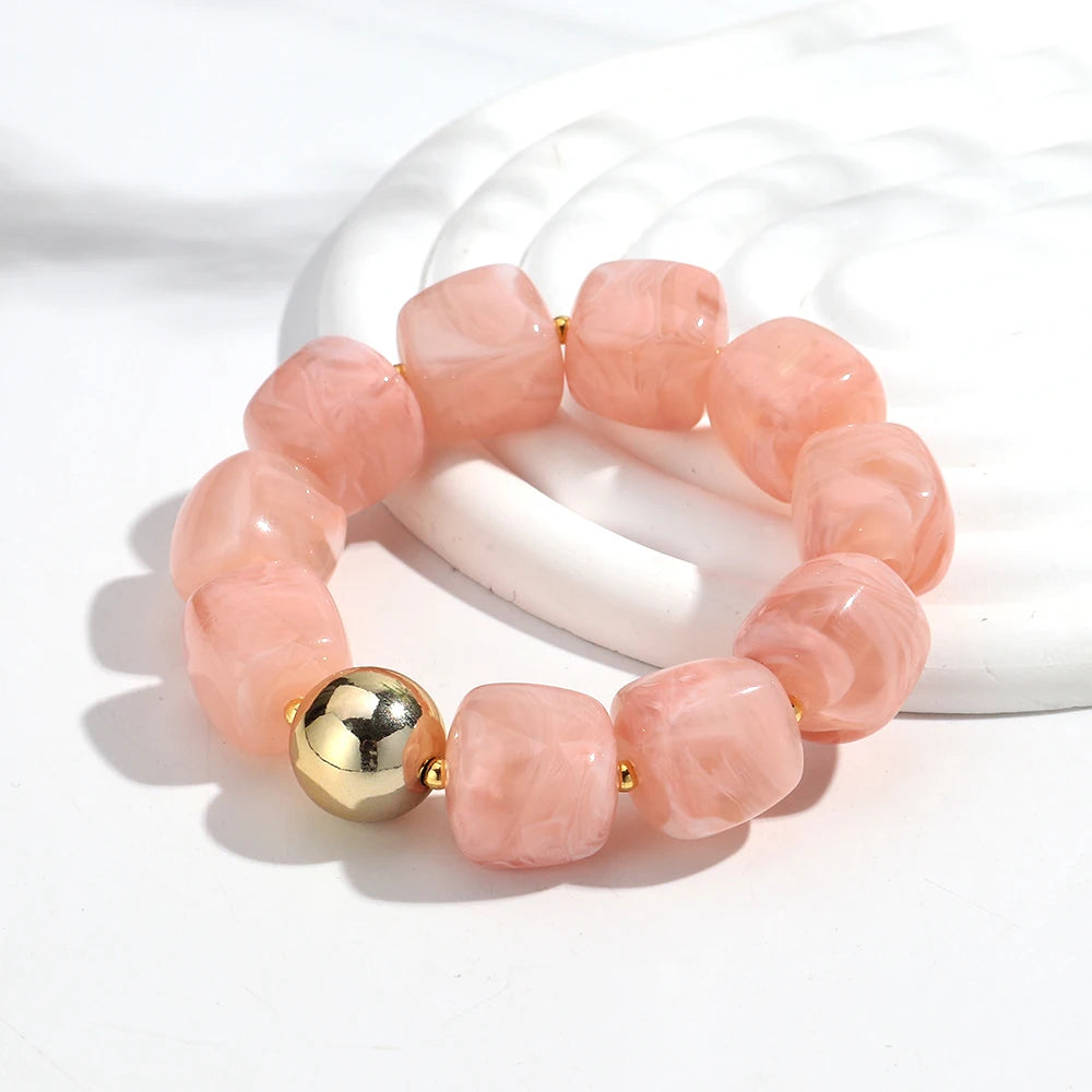 Acrylic Square Beads Elastic Bracelets for Women Boho Irregular Stone Shape Beaded Handmade Bracelet Bangle Retro Jewelry Gifts