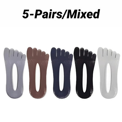 1/5 Pairs Summer Men's Invisible No Show Five Finger Socks Thin Velvet Non-Slip Mesh Breathable Elastic Solid Silk Soft